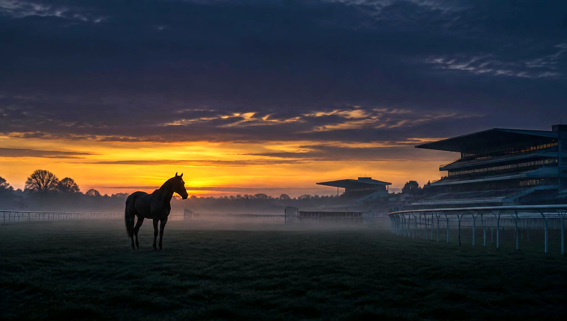 A racehorse silhouetted against an Aintree sunset